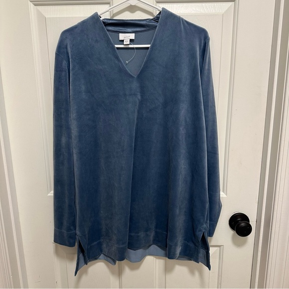 J Jill Pure Jill Long Sleeve Velour Tunic Top Dark Blue V-Neck Women's large - Picture 1 of 6